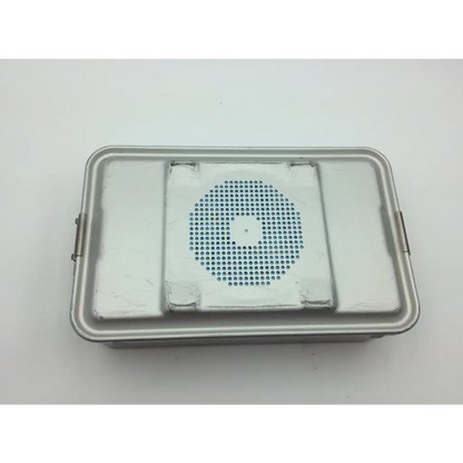 Silver metal aluminum sterilization case with circular perforated section for 17x11x5 te673 dbgm use