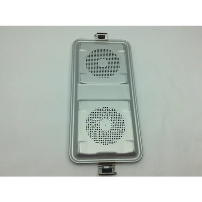 Silver aluminum sterilization case tray container with two circular perforated grilles and metallic latches by aesculap