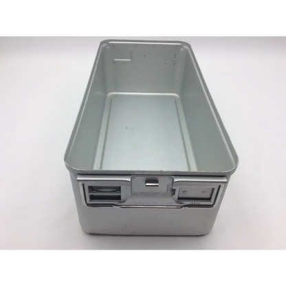 Silver rectangular aluminum sterilization case tray container with latch closure for medical instruments