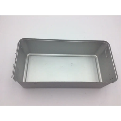 Rectangular silver aluminum sterilization case tray container with smooth interior and slightly raised edges by aesculap
