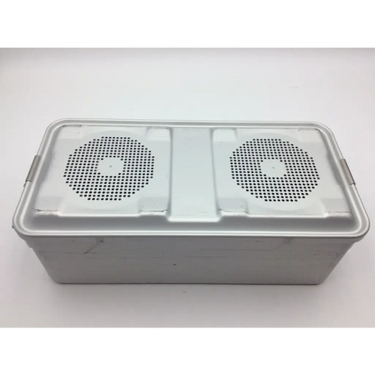 Silver aluminum sterilization case tray container with two circular perforated lids for secure sterilization