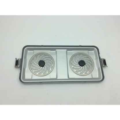 Silver metallic dual-burner gas stove insert with circular perforated grates in aluminum sterilization case tray container