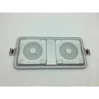 Silver dual-fan laptop cooling pad with perforated vents and side brackets shown with aesculap aluminum sterilization case tray container jk44