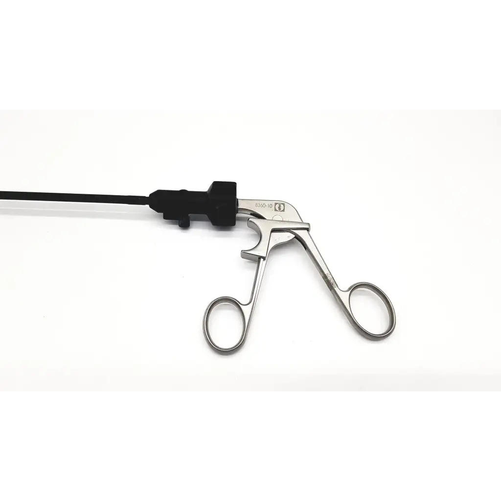 Silver atraumatic laparoscopic prestige grasping forceps with black handle and cable for precise surgical use
