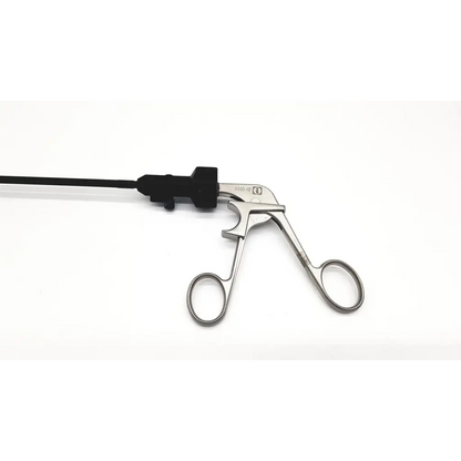 Silver atraumatic laparoscopic prestige grasping forceps with black handle and cable for precise surgical use