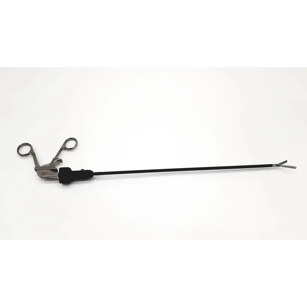 Aesculap 8360-10 atraumatic laparoscopic prestige grasping forceps with black handle and metallic articulated tip