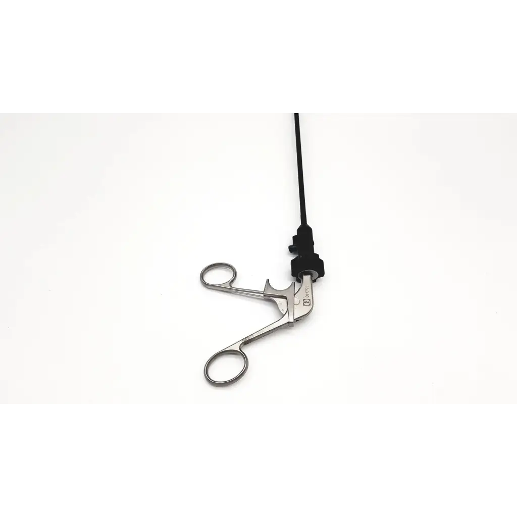 Silver atraumatic laparoscopic prestige grasping forceps with black cable attachment for precision surgical use