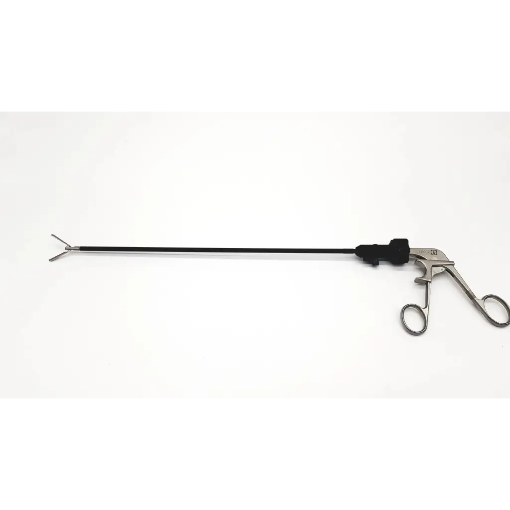 Silver atraumatic laparoscopic prestige grasping forceps with black handle and articulated gripping mechanism by aesculap