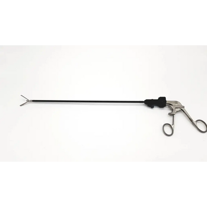 Silver atraumatic laparoscopic prestige grasping forceps with black handle and articulated gripping mechanism by aesculap