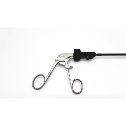 Silver atraumatic laparoscopic prestige grasping forceps with black handle and cable branded prestige on metallic body