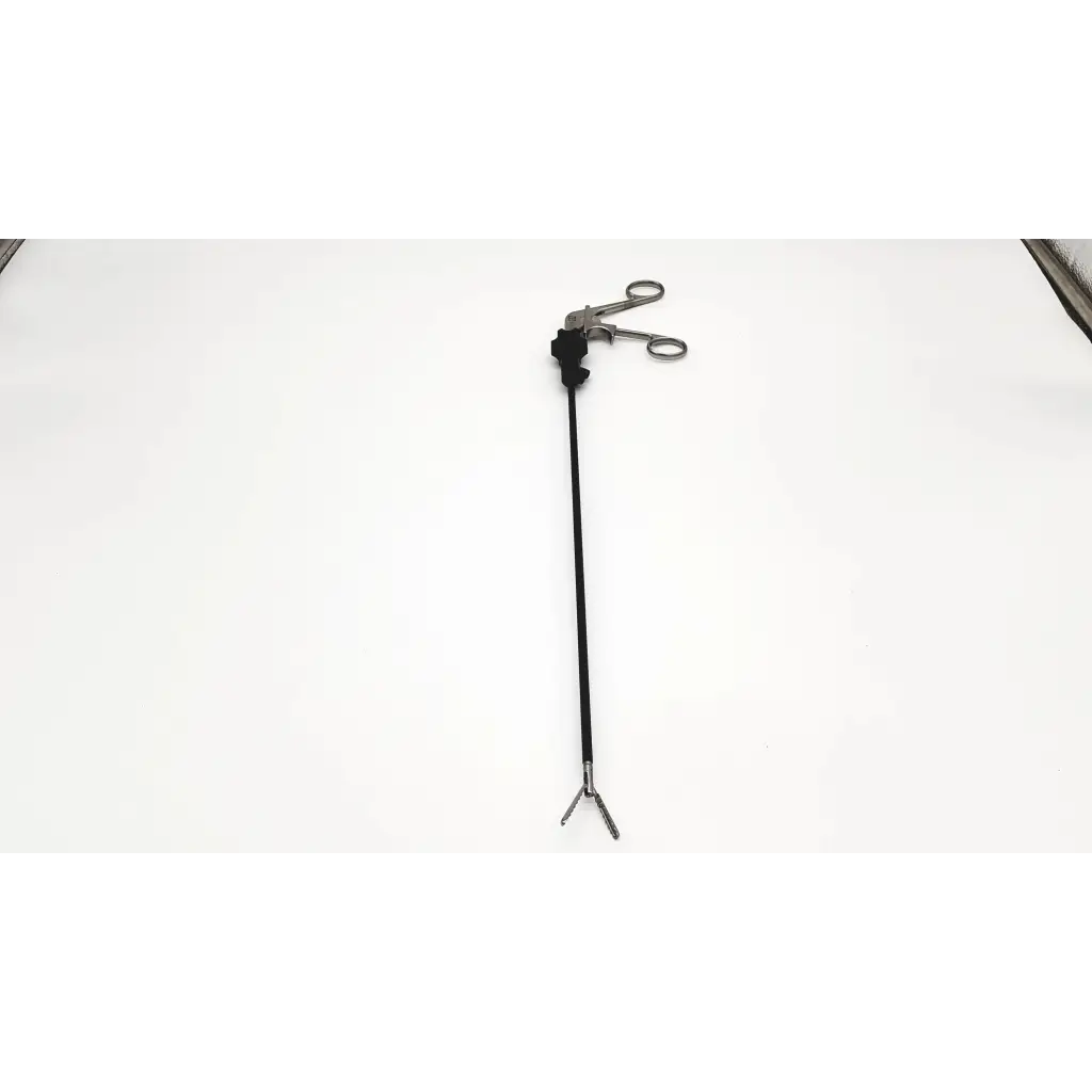 Aesculap 8360-10 atraumatic laparoscopic prestige grasping forceps with black handle and metallic jaws for precision surgery