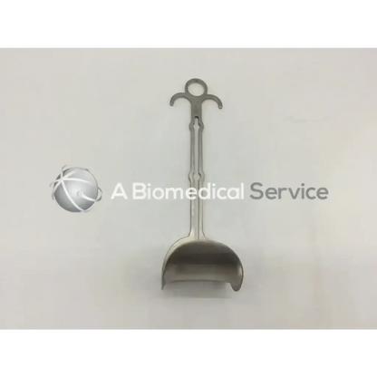 Stainless steel aesculap bv609r retractor with curved u-shaped blade and ornate double looped handle in silver color