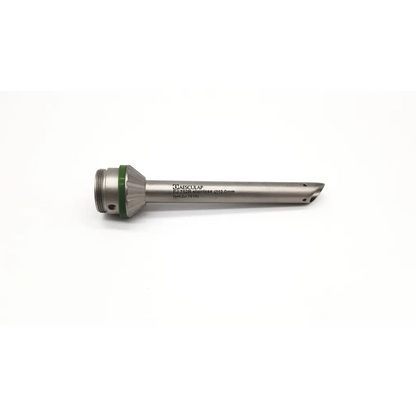 Aesculap EJ 752R stainless 10.0mm mini laparotomy cannula with a sleek metallic body and green ring near threaded end