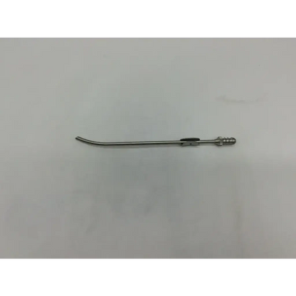 Aesculap GF917R suction cannula with a curved slender silver metal shaft and threaded end for surgical use