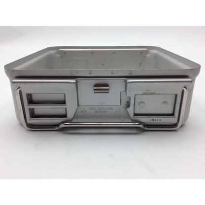Stainless steel rectangular aesculap jn340 instrument sterilisation container tray with two side compartments and latch