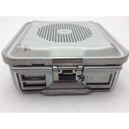 Silver metallic aesculap jn340 instrument sterilisation container tray with perforated lid and sturdy latches