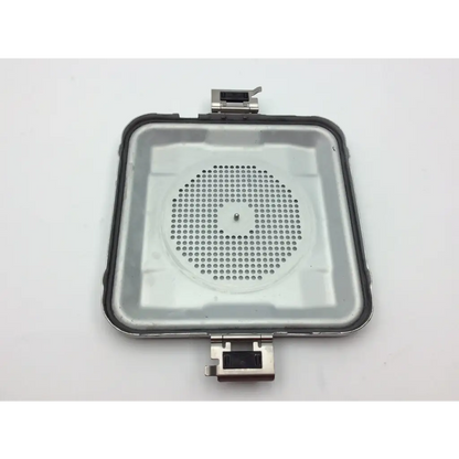 Silver metallic aesculap jn340 instrument sterilisation container tray with perforated panel and hinge-mounted clamps