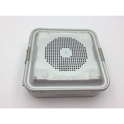 Silver metal aesculap jn340 instrument sterilisation container tray with circular perforated lid for surgical use