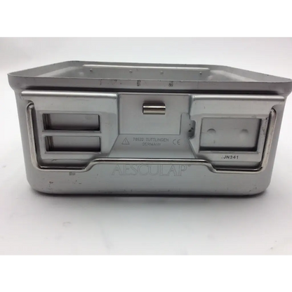 Silver stainless steel aesculap JN341 half-size perforated retention plate sterilization container with JK385 lid