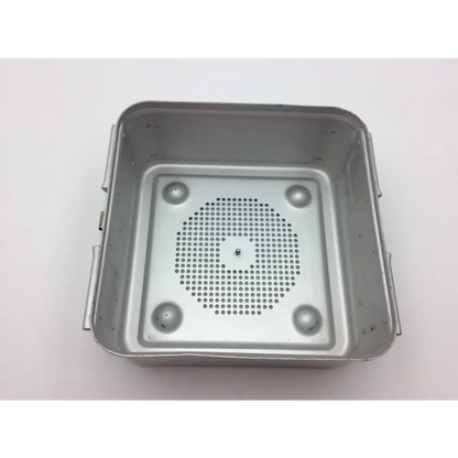 Silver metal aseculap jn341 half-size perforated retention plate sterilization container with jk385 lid and rounded feet