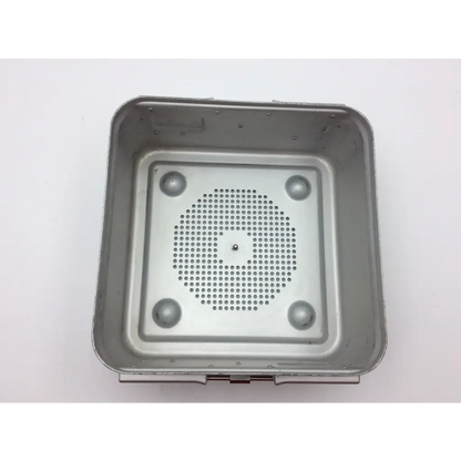 Silver metallic half-size perforated retention plate sterilization container with circular pattern and rounded feet