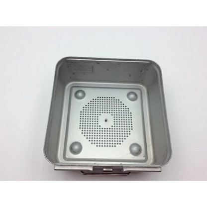 Silver metallic aesculap jn341 half-size sterilization container with perforated retention plate and rounded feet