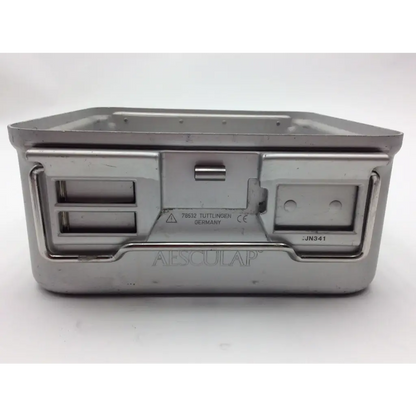 Silver stainless steel surgical instrument tray with embossed aesculap branding for perforated retention plate use