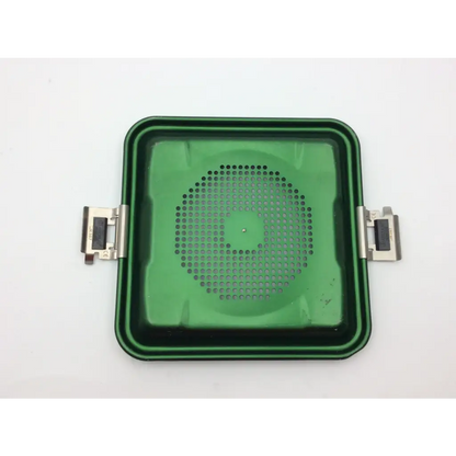 Green plastic aesculap jn341 half-size perforated retention plate sterilization container with metallic latches
