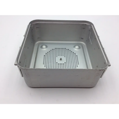 Silver metallic rectangular aesculap jn341 half-size perforated retention plate sterilization container with perforated base