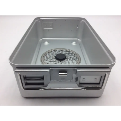 Silver metallic aesculap jn742 sterilization case with circular insert and two card slots featuring jf253r tray