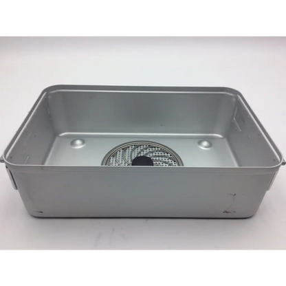 Silver rectangular metal sink basin with circular perforated drain in aesculap jn742 sterilization case with jf253r tray