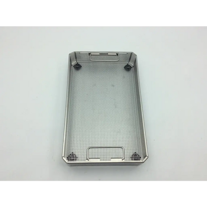 Rectangular stainless steel jf253r tray with reinforced corners and handles for aesculap jn742 sterilization case