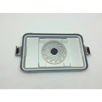 Silver rectangular waterproof aesculap jn742 sterilization case with circular perforated metal insert and jf253r tray button