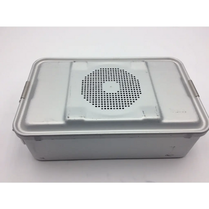 Silver metallic aesculap jn742 sterilization case with perforated lid and jf253r tray for surgical use