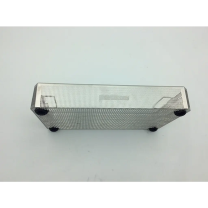 Silver mesh rectangular aesculap jn742 sterilization case with black rubber feet and jf253r tray for surgical use