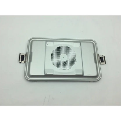 Silver metallic laptop cooling pad with perforated grille and side latches shown with aesculap jn742 sterilization case surgical tray