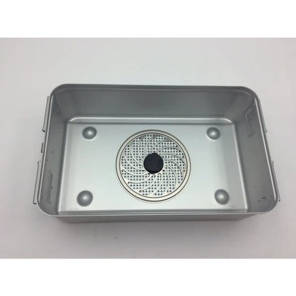 Silver metal surgical instrument tray with circular drain and rounded feet for aesculap jn742 sterilization case surgical use