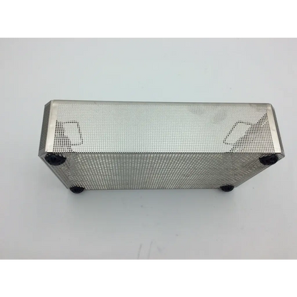 Silver mesh aesculap jn742 sterilization case with black rubber feet and embossed logo for surgical use