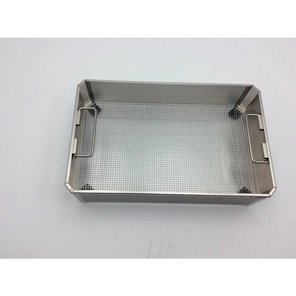 Rectangular stainless steel mesh basket with reinforced corners and side handles for aesculap jn742 sterilization case surgical use