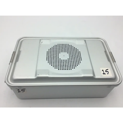 Silver metallic aesculap jn742 sterilization case with perforated circular grille and side latches for surgical use