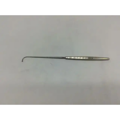 Silver aesculap md557r neuro surgical hook with slender curved tip and engraved markings on handle