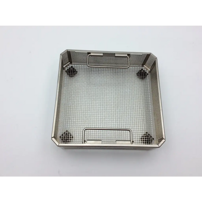 Stainless steel mesh basket with reinforced corners and integrated handles in aesculap jf113r case with green lid