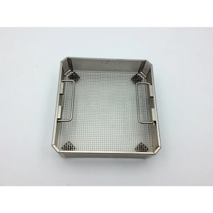 Stainless steel mesh basket with reinforced corners and integrated side handles for jf113r case with green lid