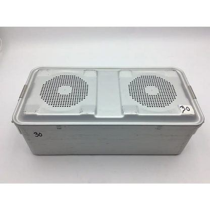 Silver rectangular metal aesculap sterile container with two circular perforated lids for sterile storage