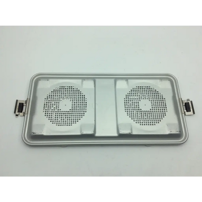 Silver metallic laptop cooling pad with two circular vents and side clamps compatible with aesculap sterile container