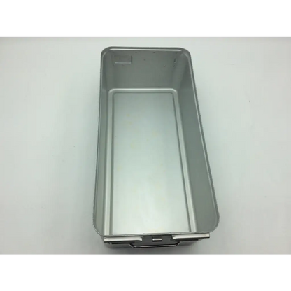 Rectangular silver metal loaf pan with handle part of aesculap sterile container system jk 444 with 2 plates