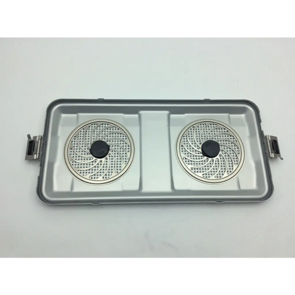 Gray rectangular aesculap sterile container with two circular perforated metal inserts and black centers