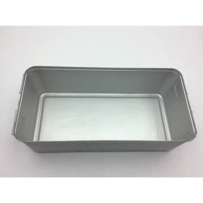 Rectangular metal loaf pan with smooth silver interior and raised edges in aesculap sterile container system jk 444