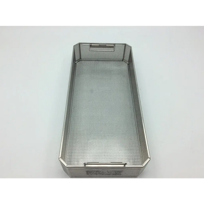 Rectangular stainless steel mesh tray with reinforced edges and handle in aesculap sterilization container with olympus wa05990a