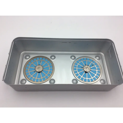 Silver rectangular metal aesculap sterilization container with basket and two blue olympus wa05990a filters